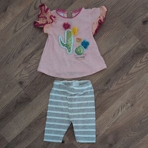 Mud Pie Cactus Pom-Pom Baby Top & Striped Pants Set, EUC